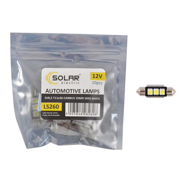LED car lamp SOLAR 12V SV8.5 T11x36mm Canbus 5050 3SMD, white 10pcs image