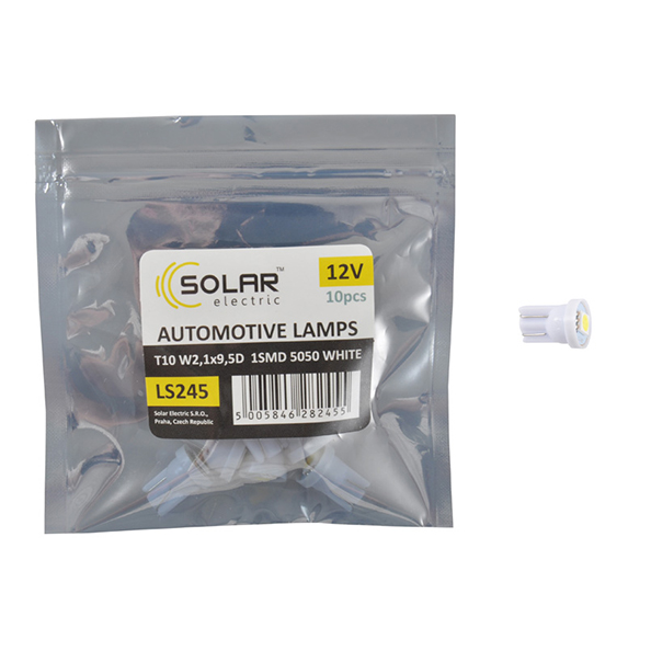 LED car lamp SOLAR 12V T10 W2.1x9.5d 1smd 5050 white 10pcs image