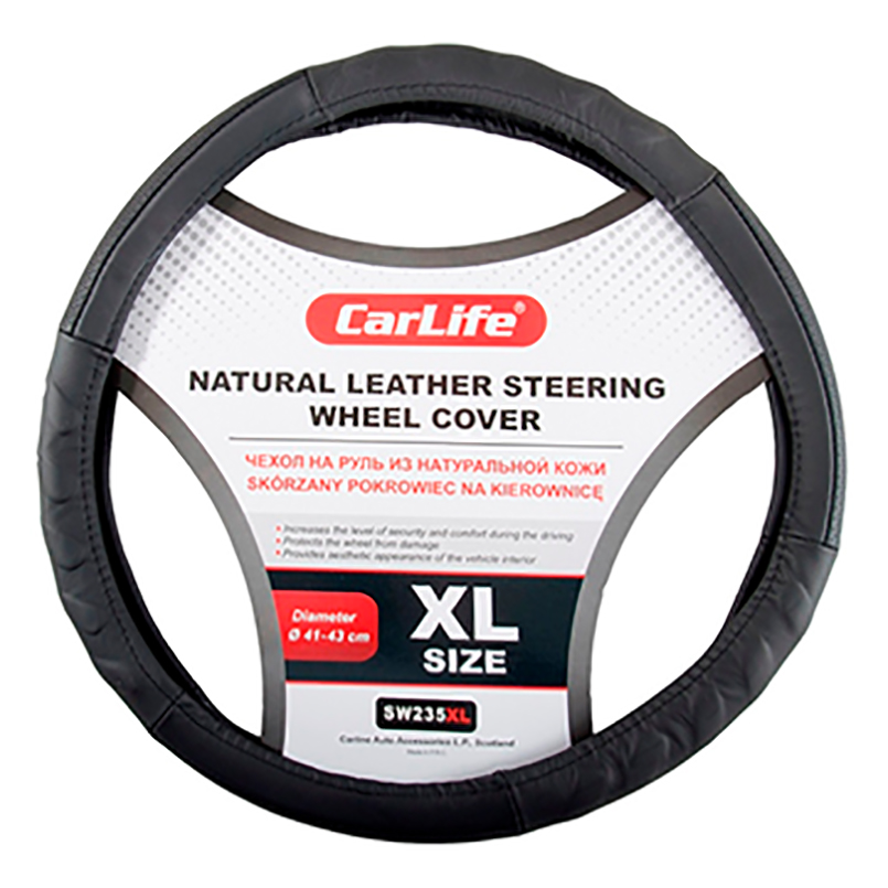 Leather steering wheel cover CarLife XL 41-43Ø, black image