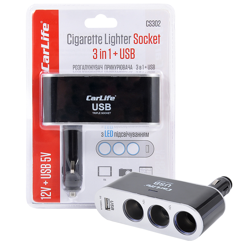 Розгалужувач прикурювача 3в1 + USB CarLife CS302 image