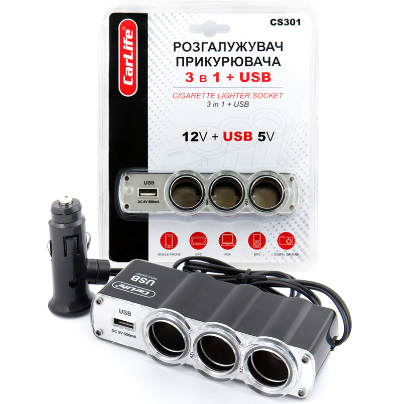 Cigarette lighter socket 3 in 1 + USB CarLife CS301 image