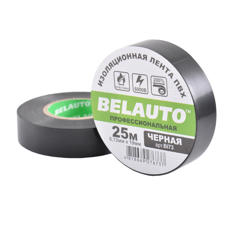 Insulating tape PVC professional fire-resistant BELAUTO BI73 25 m, 0.13x19 mm, black image