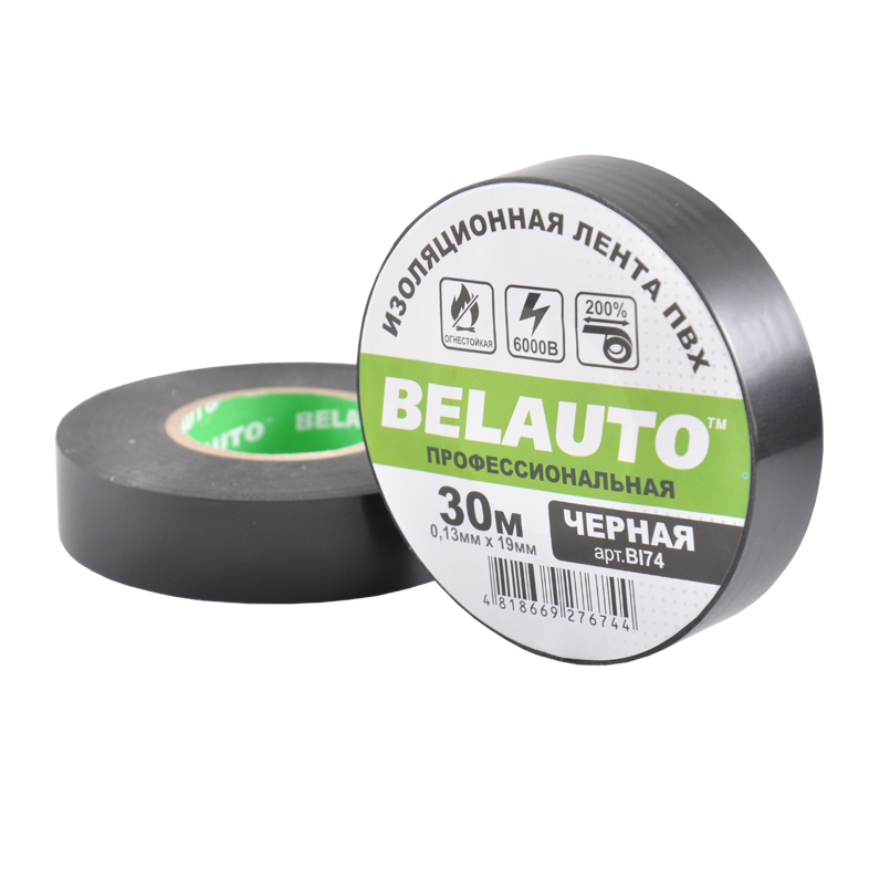 Insulating tape PVC professional fire-resistant BELAUTO BI74 30 m, 0.13x19 mm, black image