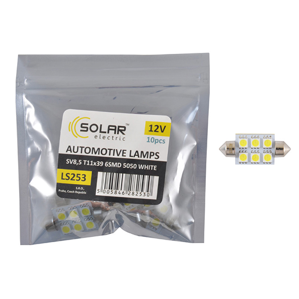 LED автолампа SOLAR 12V SV8.5 T11x39 6smd 5050 white 10шт image