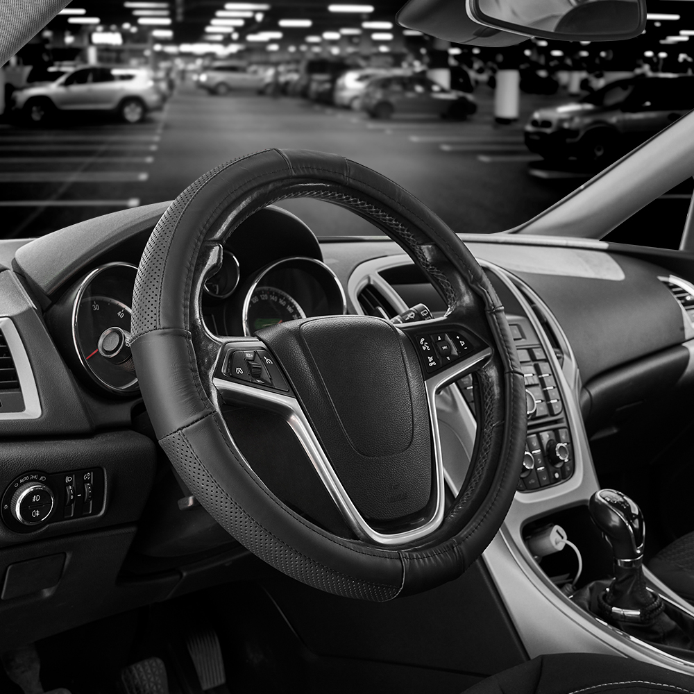 Чохол на кермо Carlife 37-39 см, шкіра, чорний SW244M image